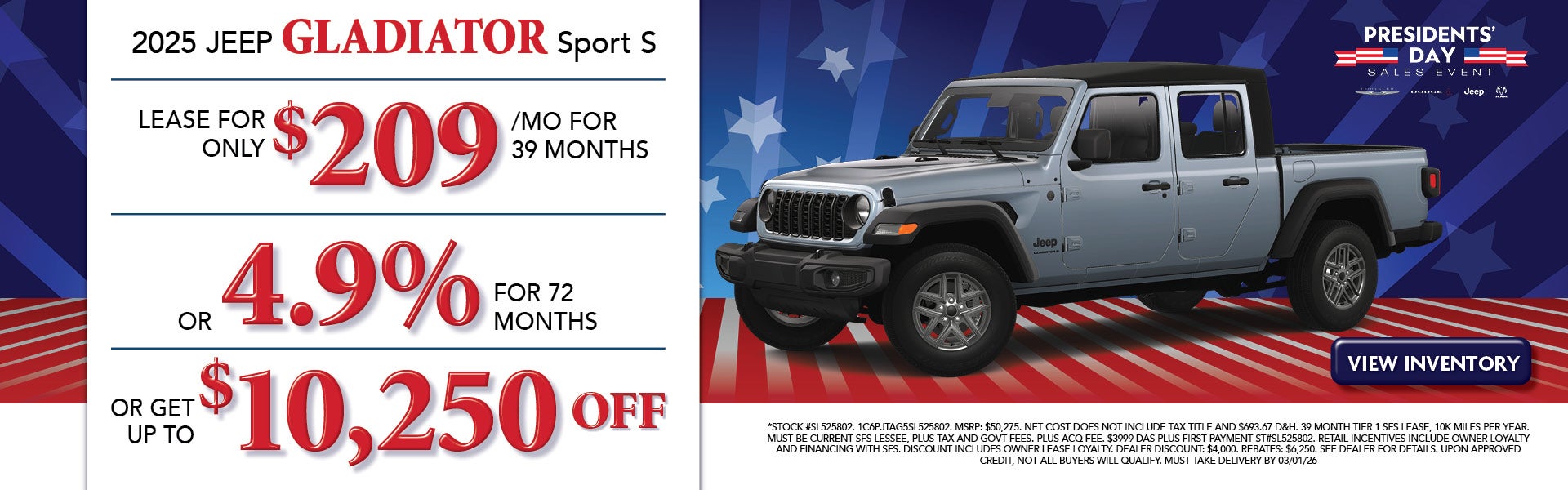 Lease a 2025 Jeep Gladiator Sport S for $209/mo or Up To $10,250 Off