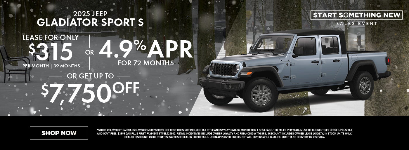 Lease a 2025 Jeep Gladiator for $315/mo or 4.9% APR or Up To $7,750 Off