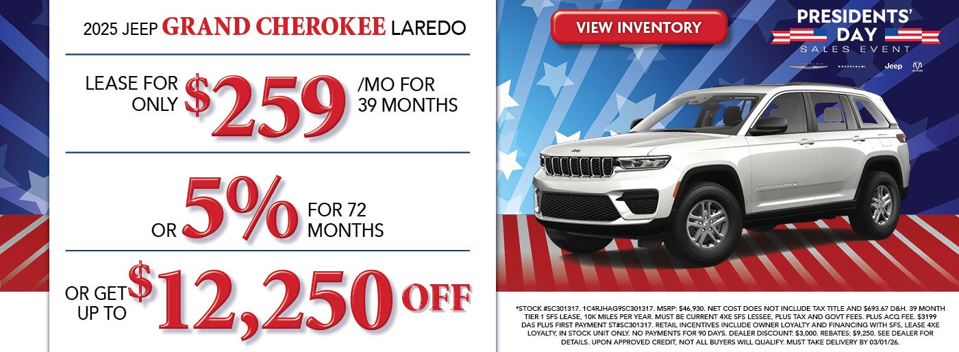 Lease a 2025 Jeep Grand Cherokee Laredo for $259/mo or Up To $12,250 Off