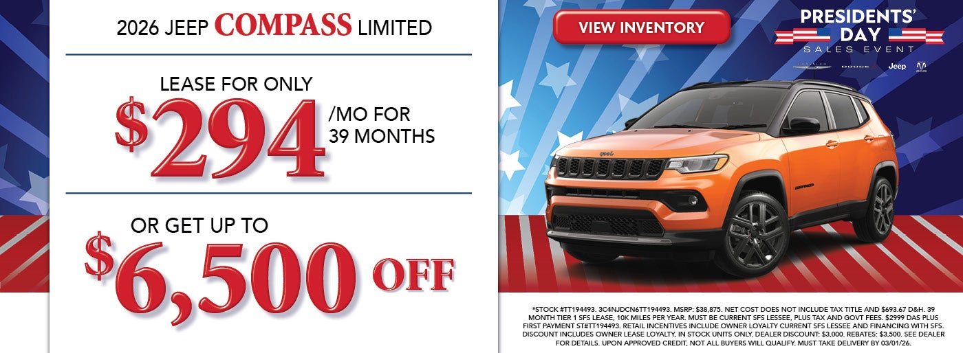 Lease a 2026 Jeep Compass Limited for $294/mo or Up To $6,500 Off