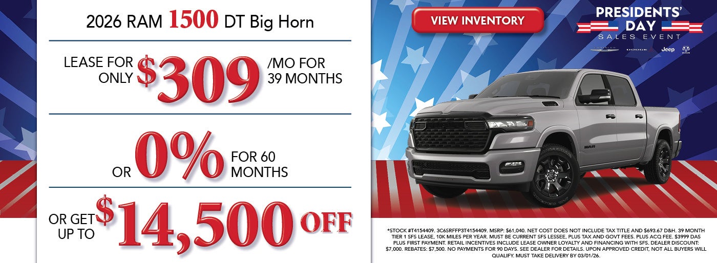 Lease a 2026 RAM 1500 Big Horn for $309/mo or Up To $14,500 Off
