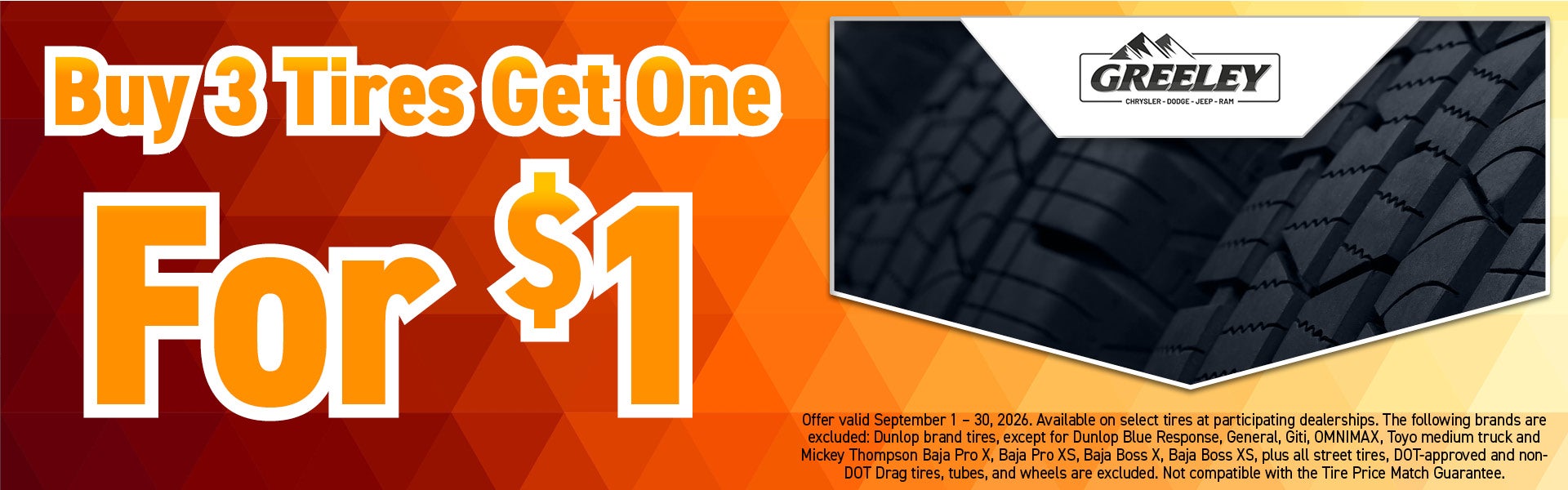 Buy 3 Tires Get 1 for $1